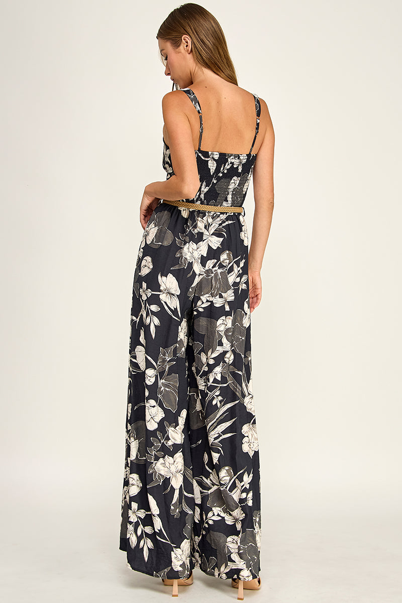 J5765-1 Floral Sleeveless V-Neck Belted Maxi Dress