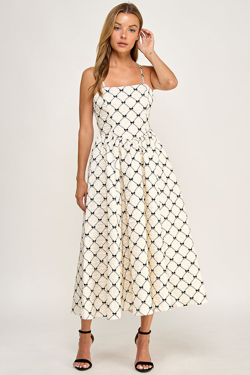 D5778-2 Bow Print Square Neck Maxi Dress