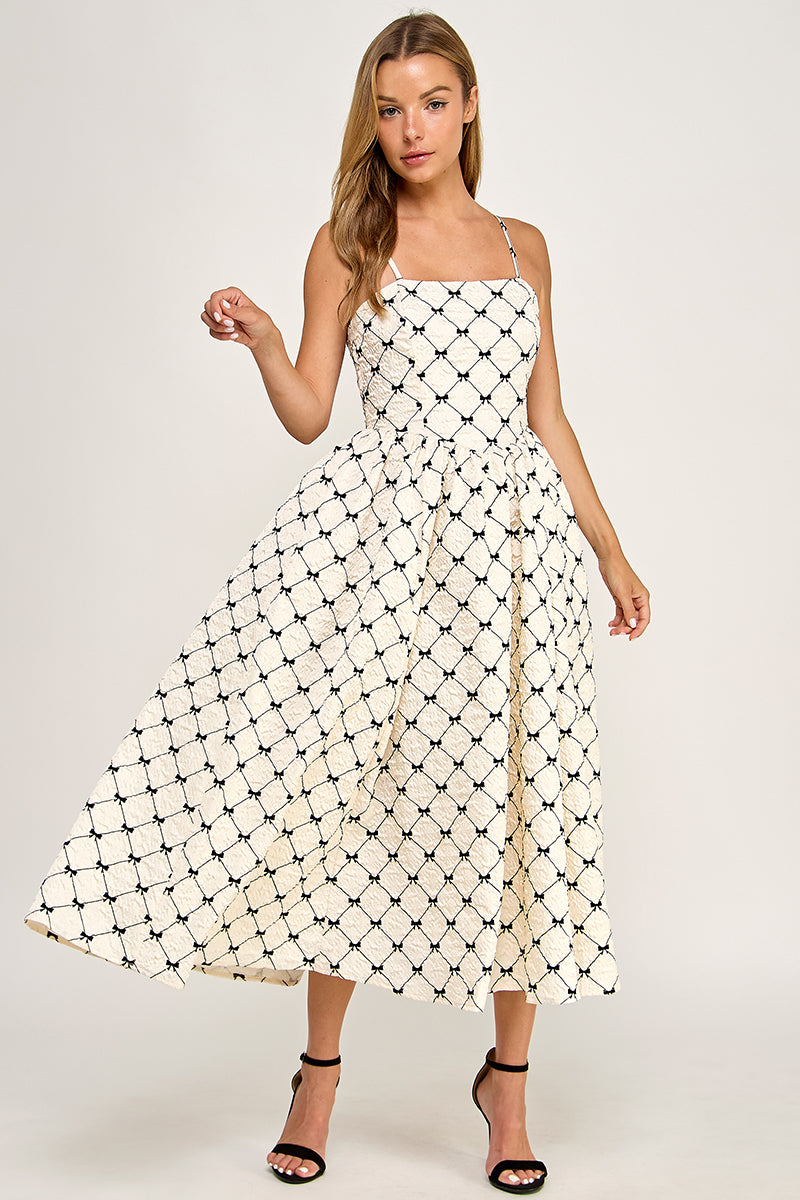 D5778-2 Bow Print Square Neck Maxi Dress