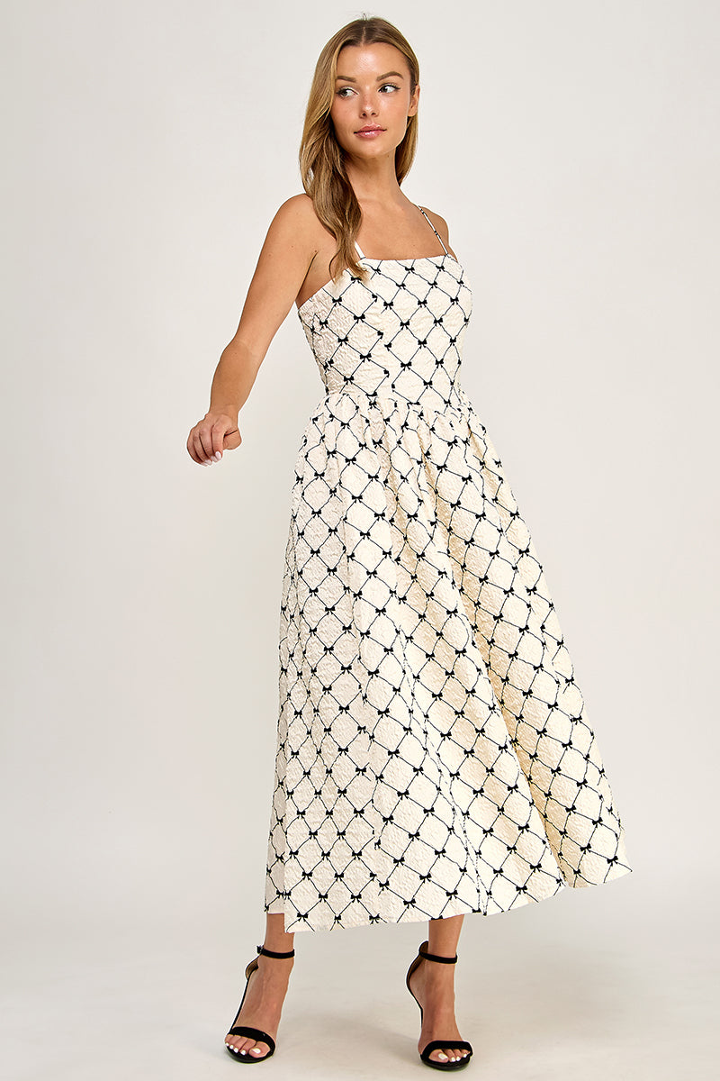 D5778-2 Bow Print Square Neck Maxi Dress