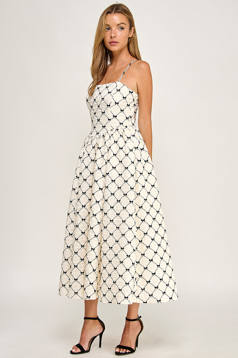 D5778-2 Bow Print Square Neck Maxi Dress