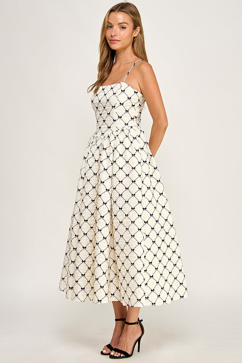 D5778-2 Bow Print Square Neck Maxi Dress