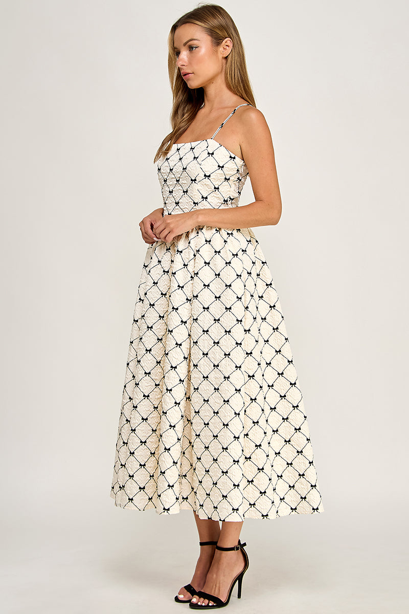 D5778-2 Bow Print Square Neck Maxi Dress