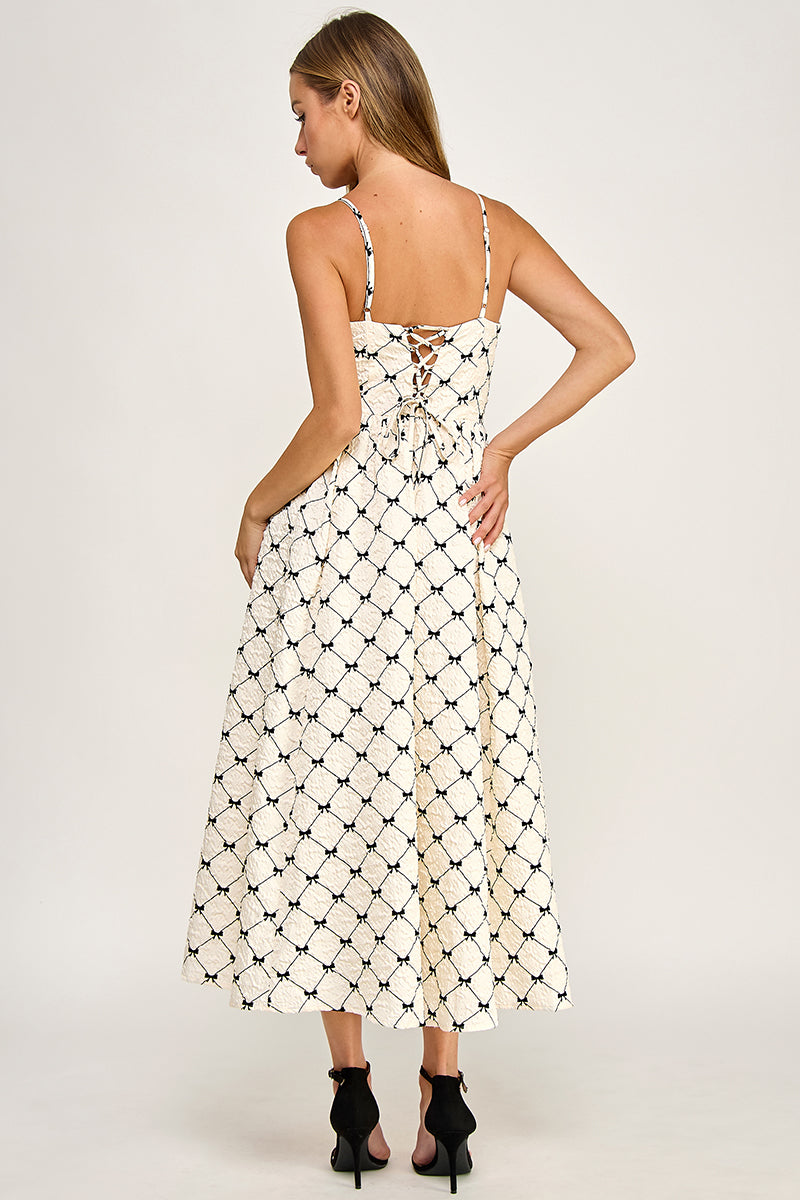 D5778-2 Bow Print Square Neck Maxi Dress