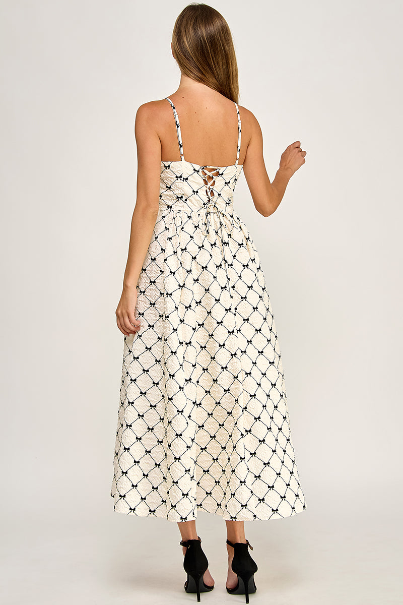 D5778-2 Bow Print Square Neck Maxi Dress