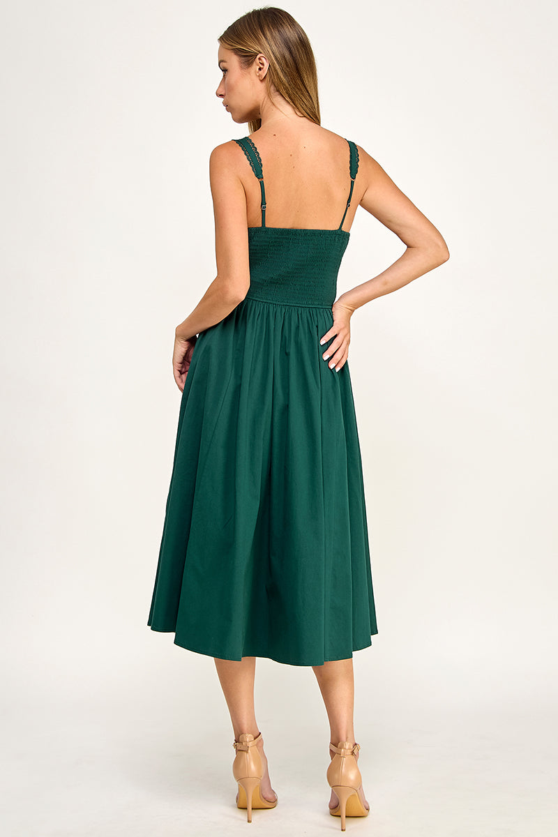 D5572 Lace Detail Smocked Midi Dress