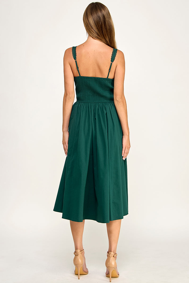 D5572 Lace Detail Smocked Midi Dress
