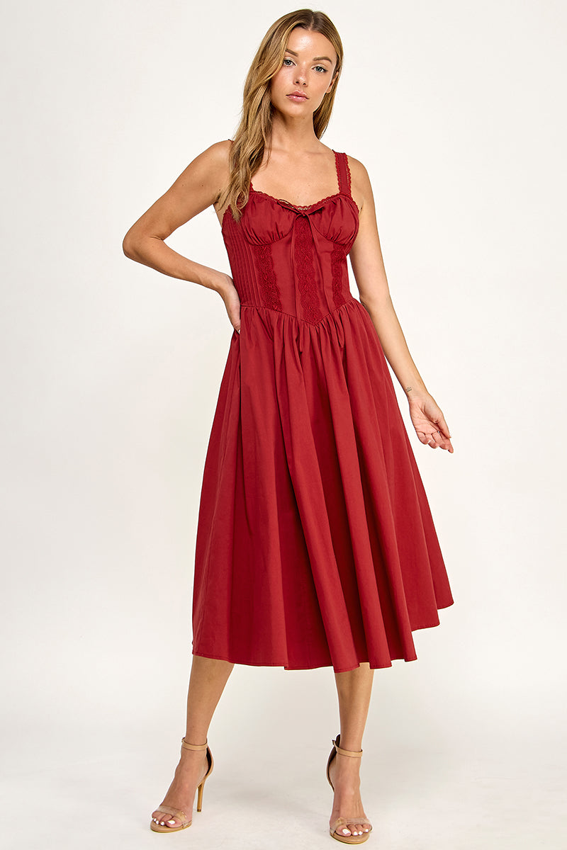 D5572 Lace Detail Smocked Midi Dress