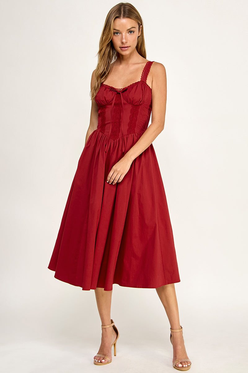 D5572 Lace Detail Smocked Midi Dress