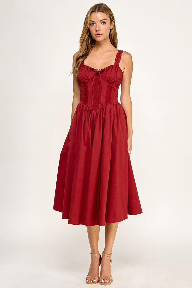 D5572 Lace Detail Smocked Midi Dress