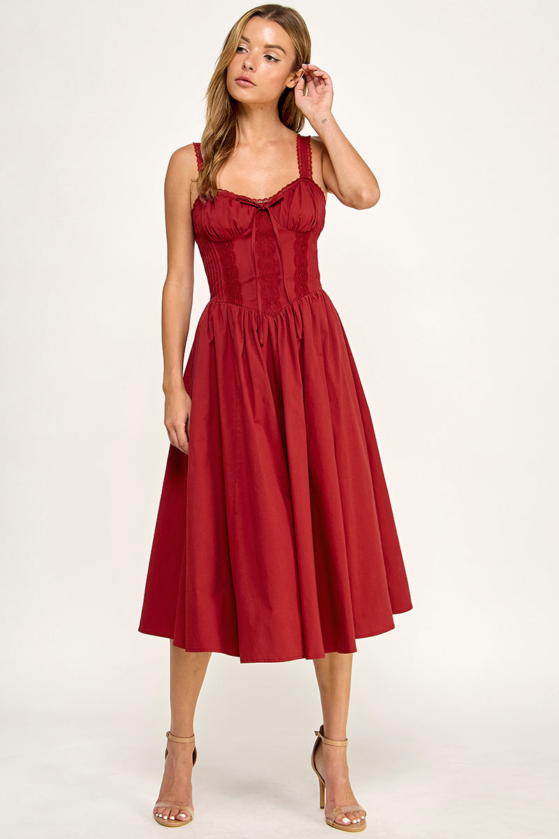 D5572 Lace Detail Smocked Midi Dress