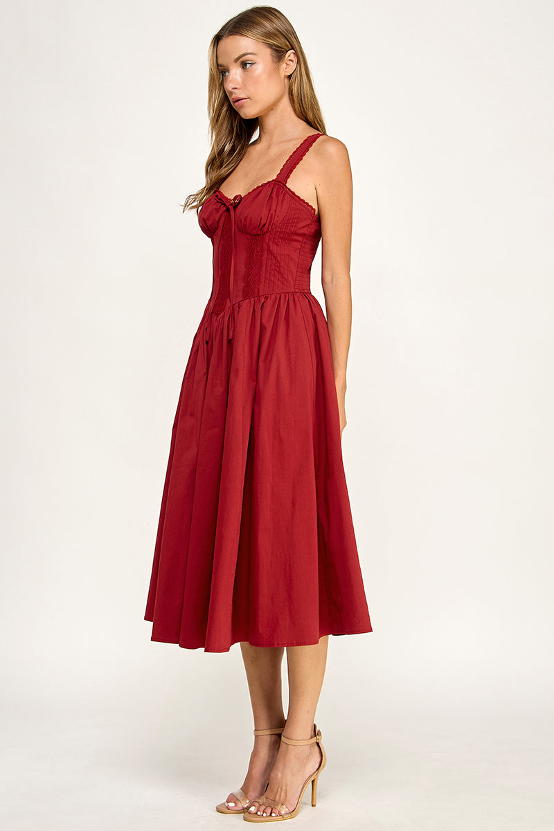 D5572 Lace Detail Smocked Midi Dress