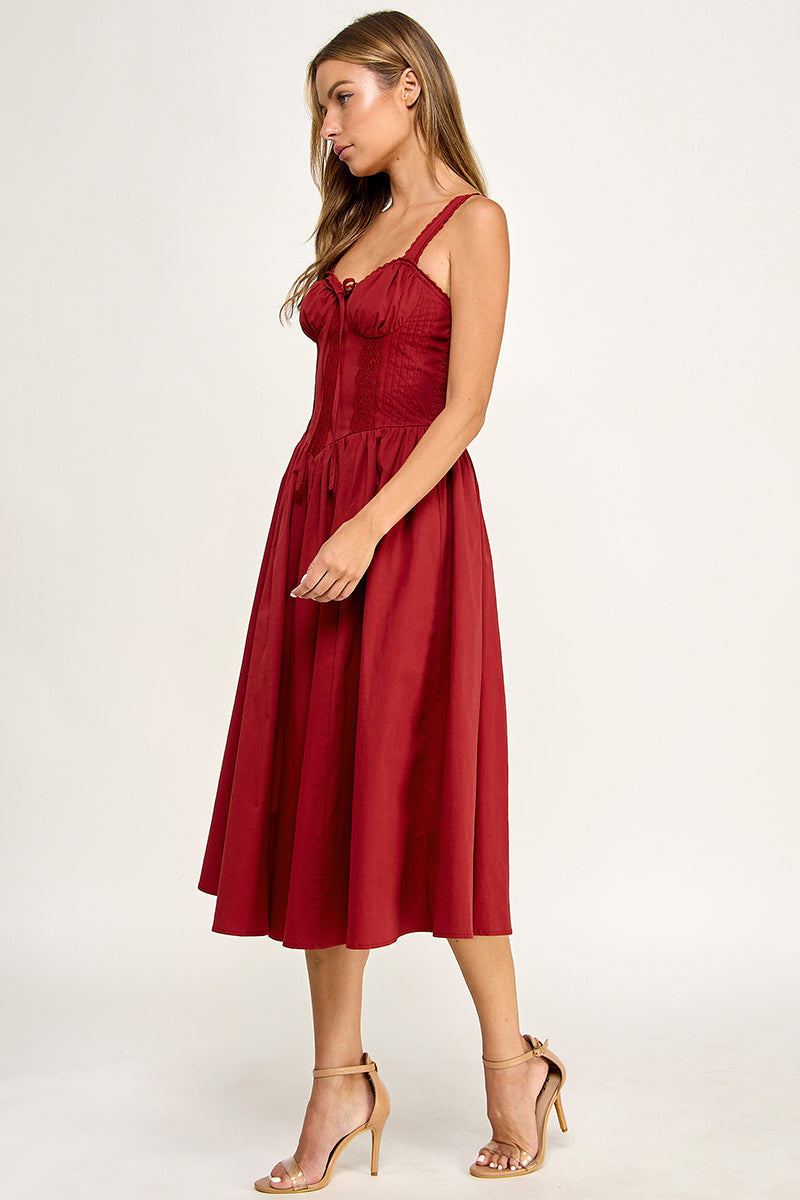 D5572 Lace Detail Smocked Midi Dress