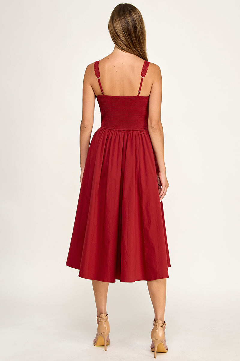 D5572 Lace Detail Smocked Midi Dress