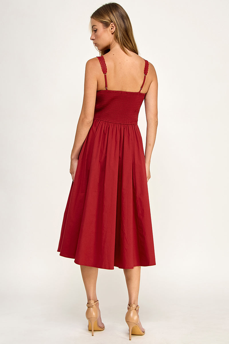 D5572 Lace Detail Smocked Midi Dress