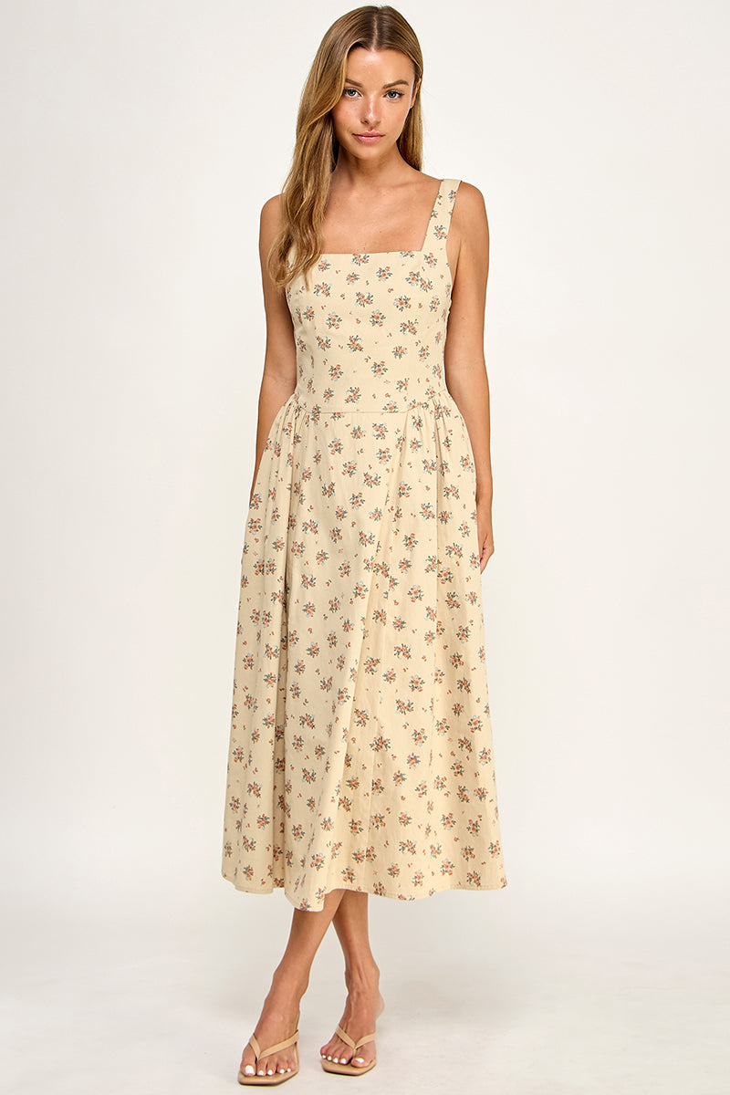 D5763-1 Floral Square Neck Sleeveless Midi Dress W/ Tie Back