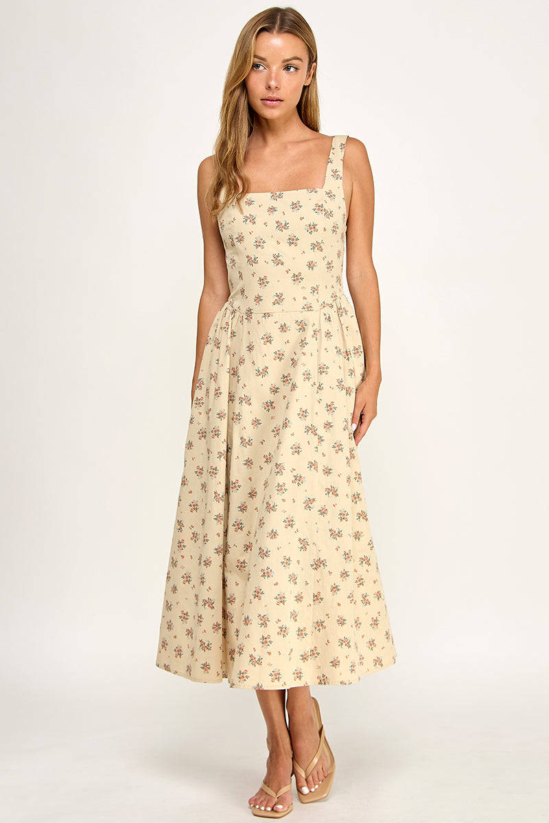 D5763-1 Floral Square Neck Sleeveless Midi Dress W/ Tie Back