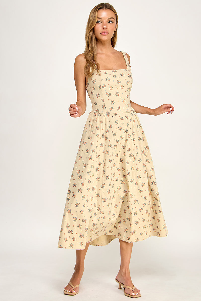 D5763-1 Floral Square Neck Sleeveless Midi Dress W/ Tie Back