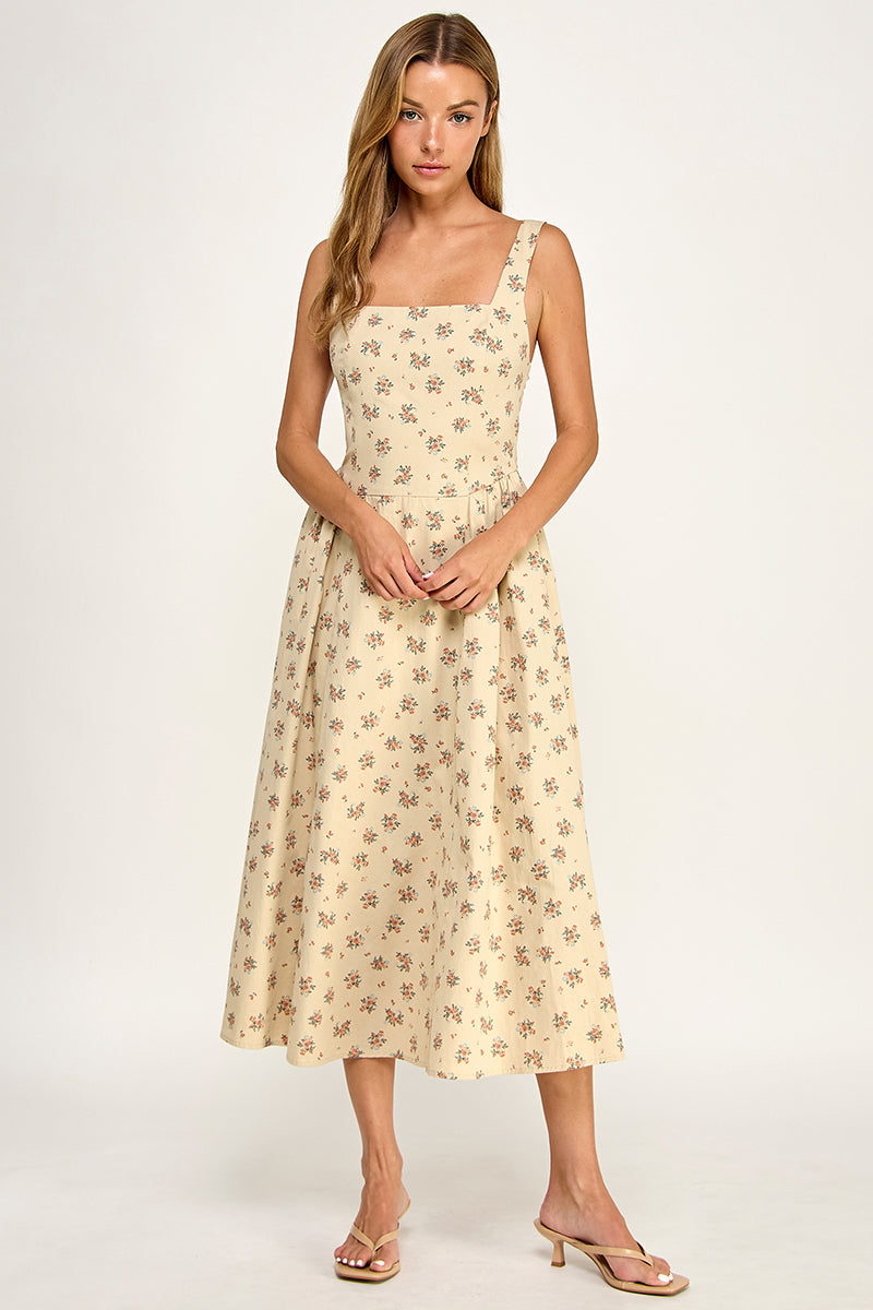 D5763-1 Floral Square Neck Sleeveless Midi Dress W/ Tie Back