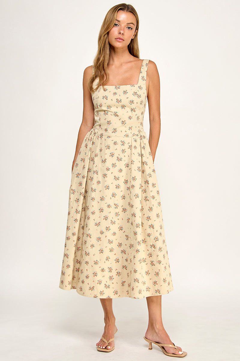D5763-1 Floral Square Neck Sleeveless Midi Dress W/ Tie Back