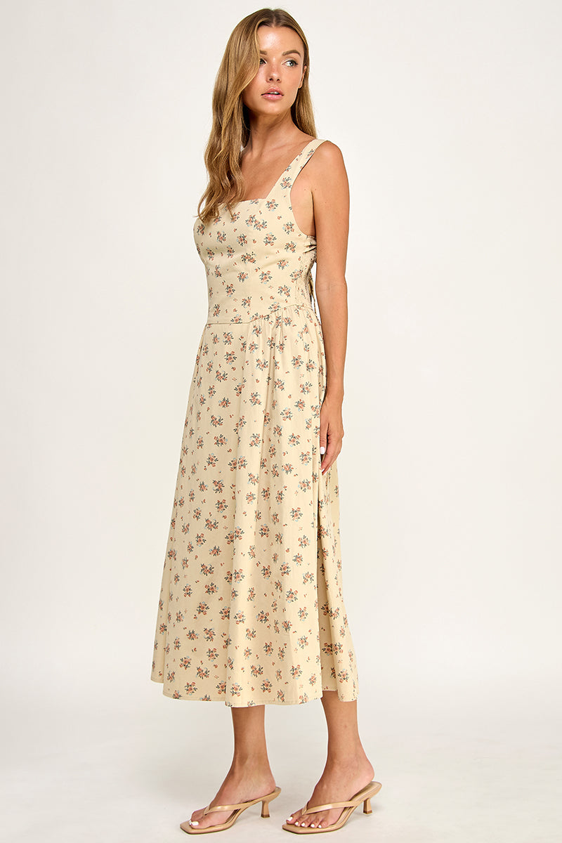 D5763-1 Floral Square Neck Sleeveless Midi Dress W/ Tie Back