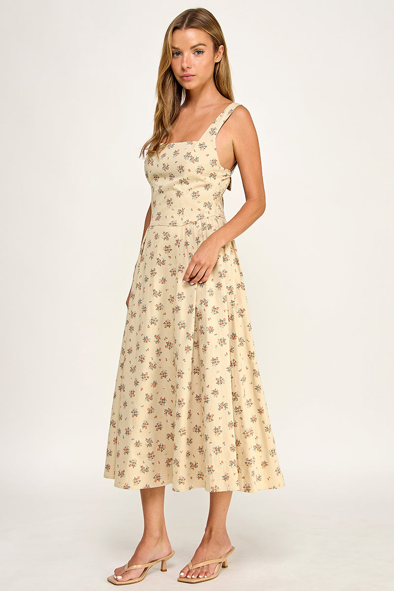D5763-1 Floral Square Neck Sleeveless Midi Dress W/ Tie Back