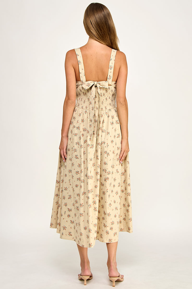 D5763-1 Floral Square Neck Sleeveless Midi Dress W/ Tie Back