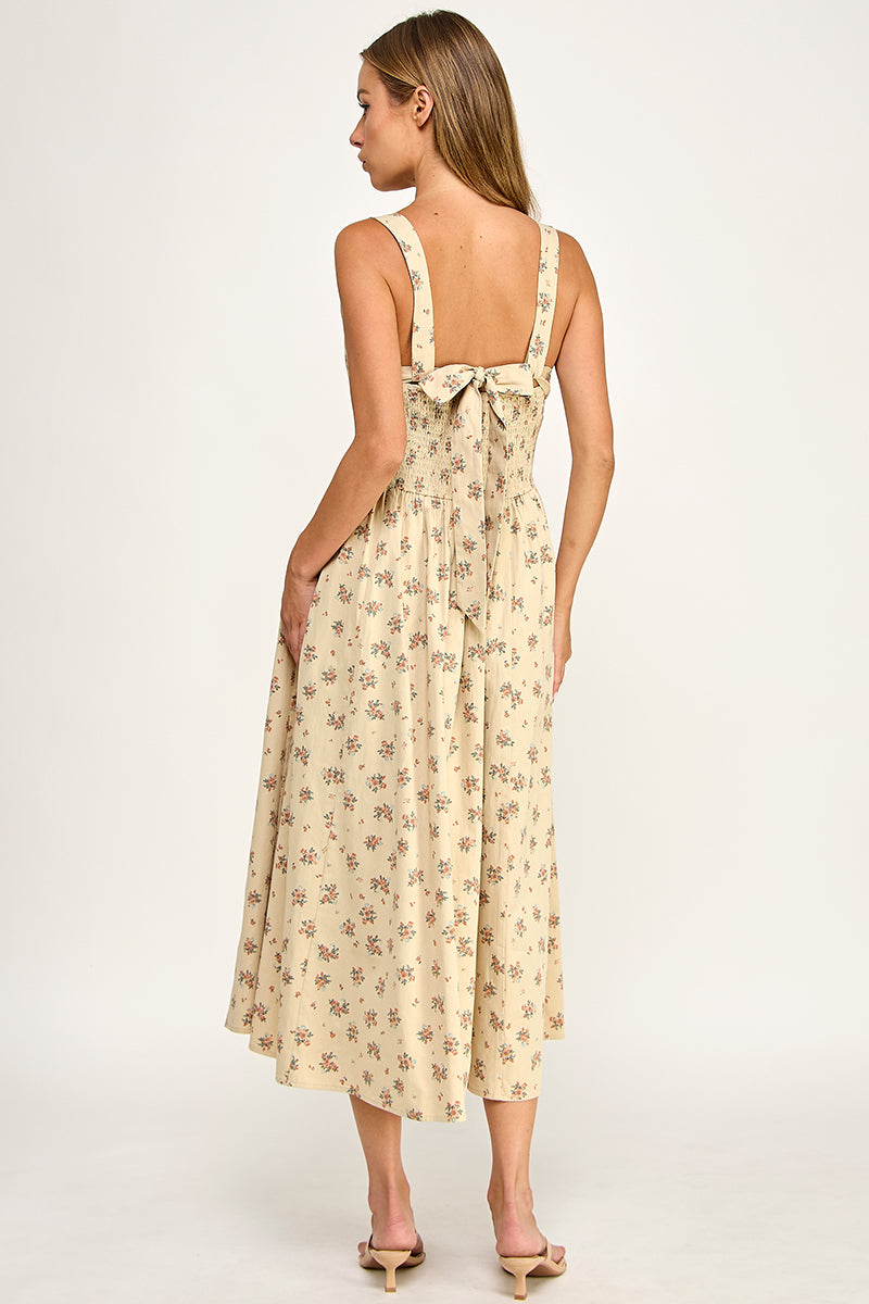 D5763-1 Floral Square Neck Sleeveless Midi Dress W/ Tie Back