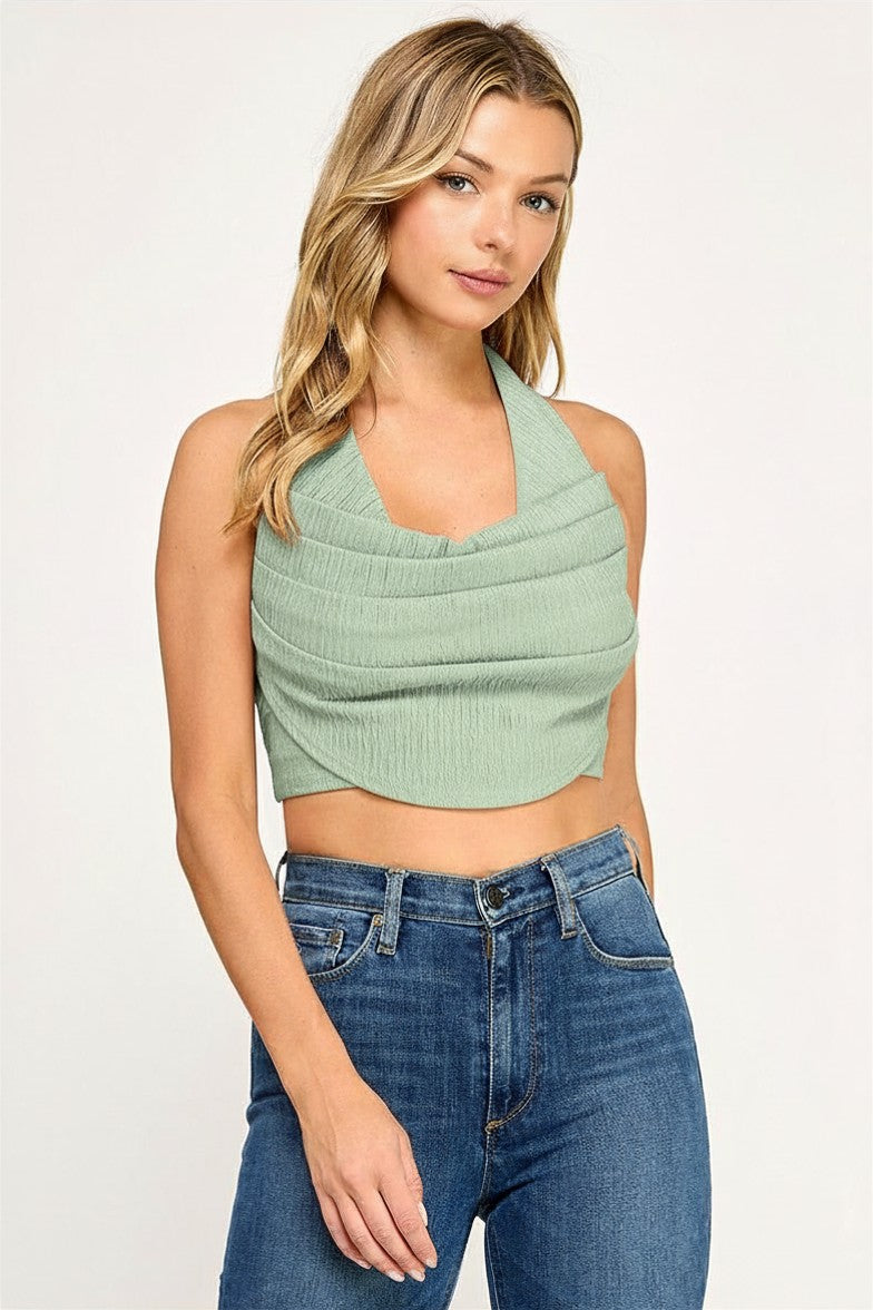 T5307 TeD5508 Tiered Smocked Midi Dressxtured Halter Drape Crop Top