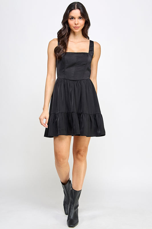 D5349 Satin Square Neck Back Smocked Dress