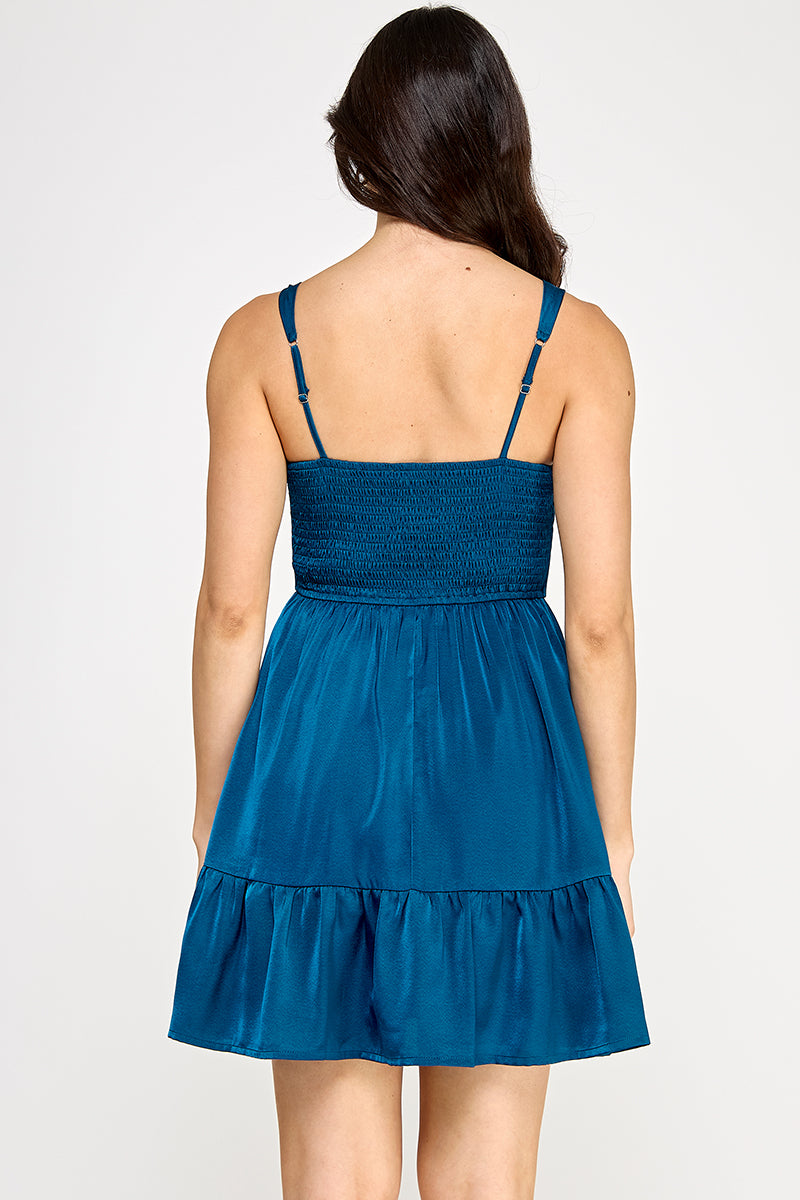 D5349 Satin Square Neck Back Smocked Dress