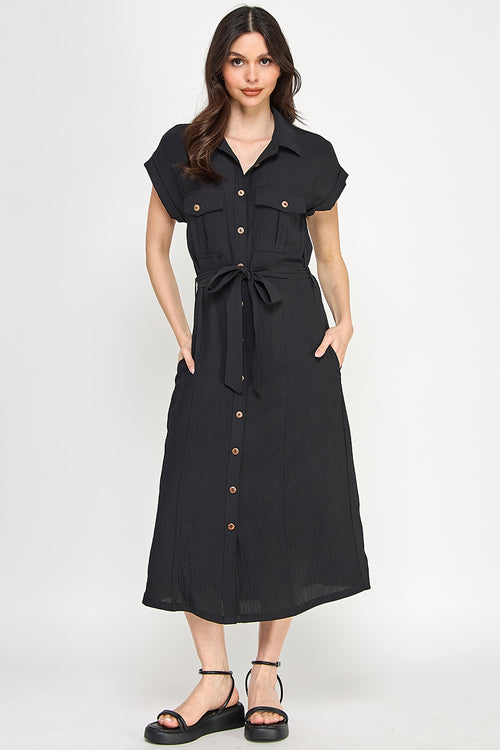 D5266-1 Front Tied Buttoned Short Sleeve Dress