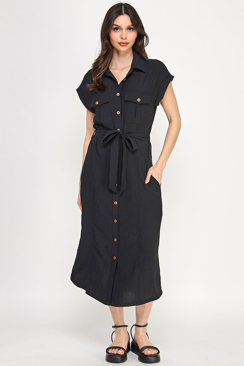 D5266-1 Front Tied Buttoned Short Sleeve Dress