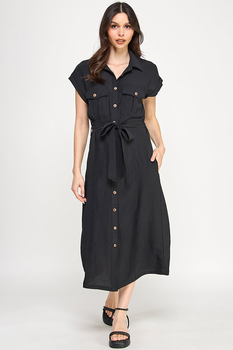 D5266-1 Front Tied Buttoned Short Sleeve Dress