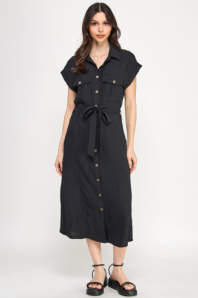 D5266-1 Front Tied Buttoned Short Sleeve Dress