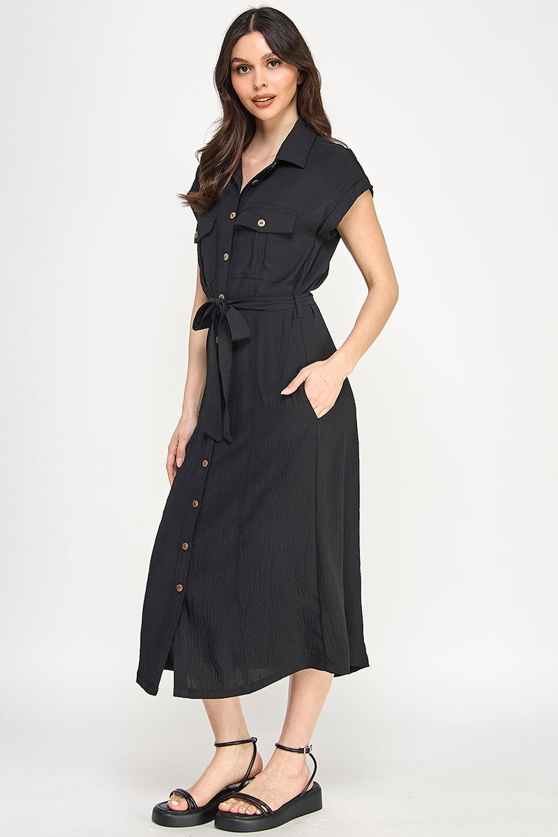 D5266-1 Front Tied Buttoned Short Sleeve Dress