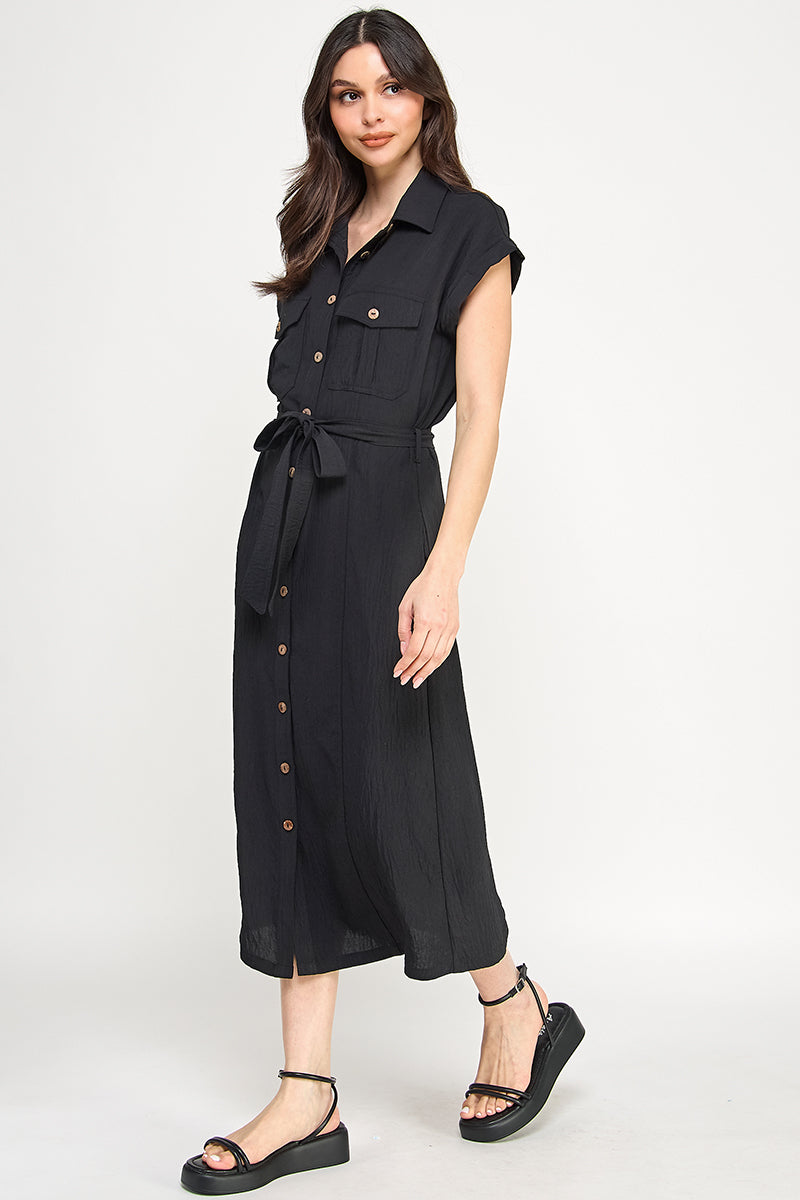 D5266-1 Front Tied Buttoned Short Sleeve Dress