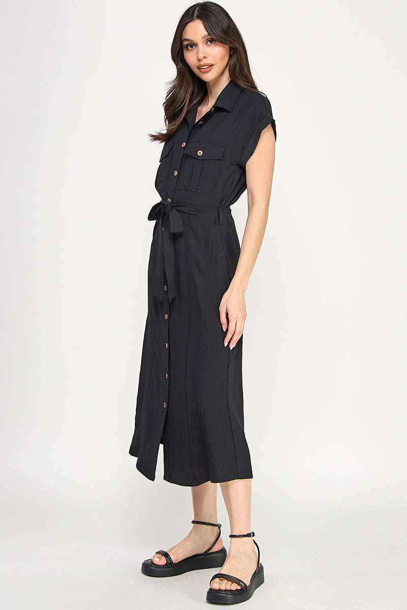 D5266-1 Front Tied Buttoned Short Sleeve Dress