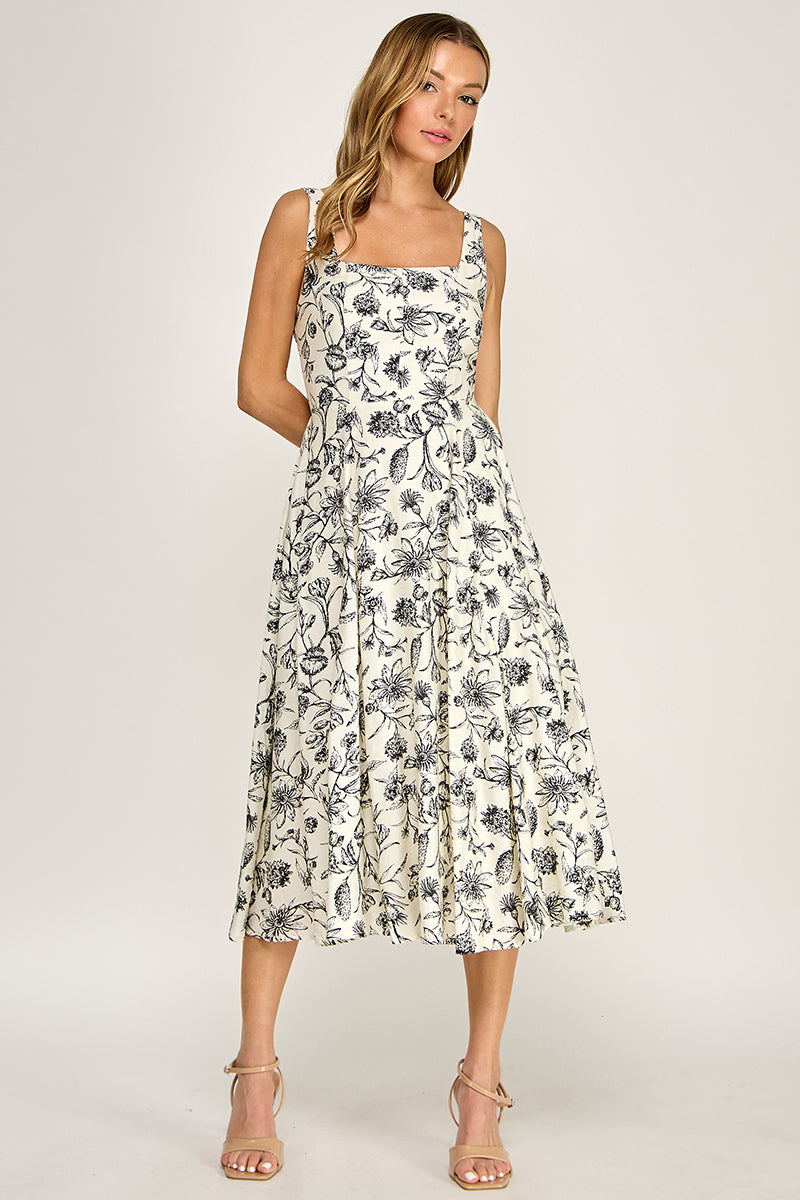 Woman wearing a floral dress on a white background