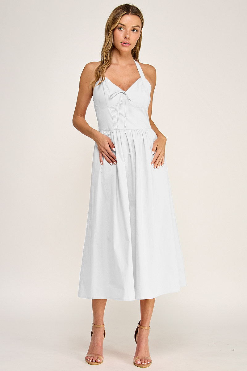 D5754S Solid Halter Tie-Front Fit-and-Flare Midi Dress