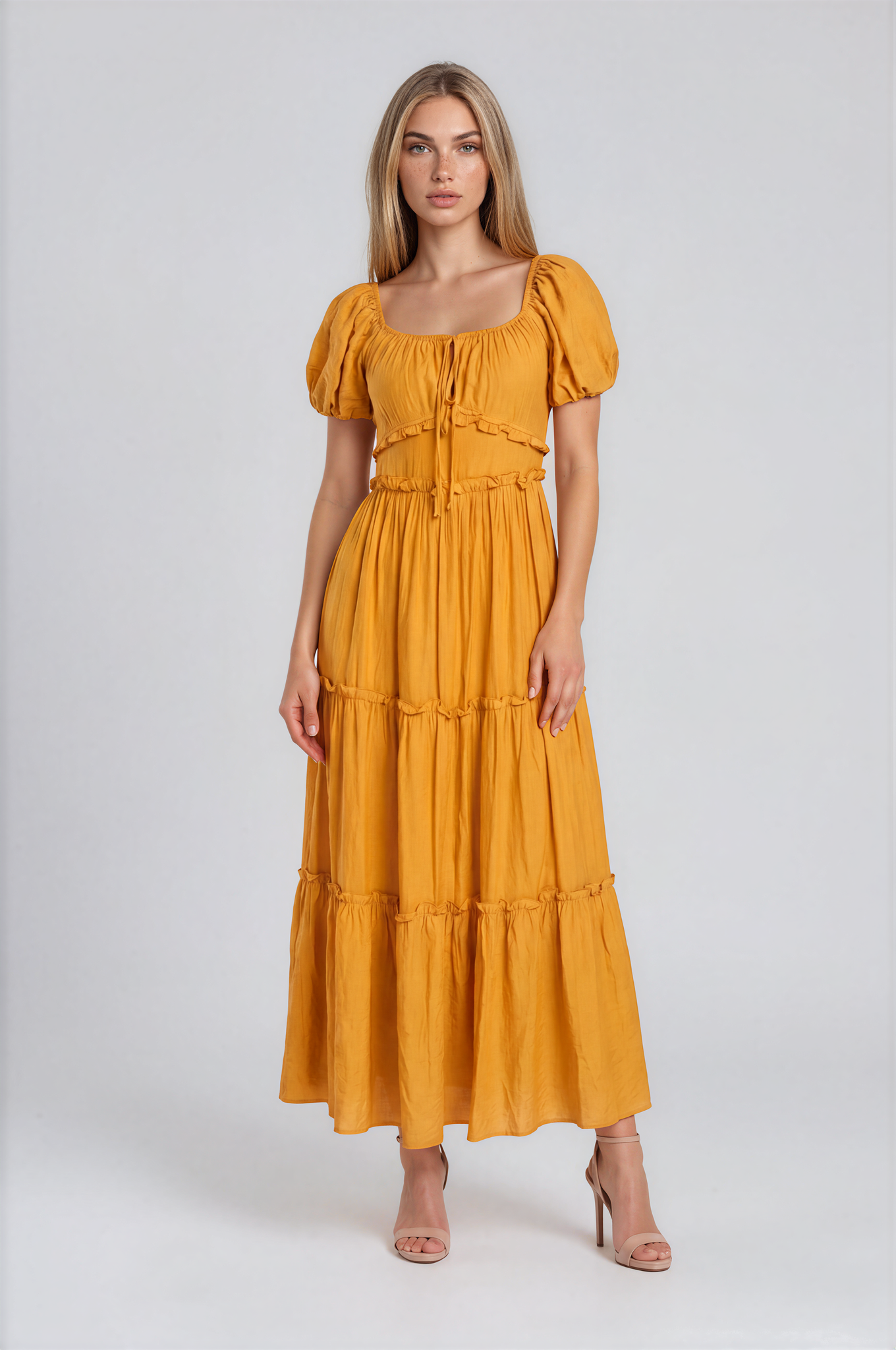 D5737S Puff Sleeve Tie-Front Cut-Out Tiered Maxi Dress