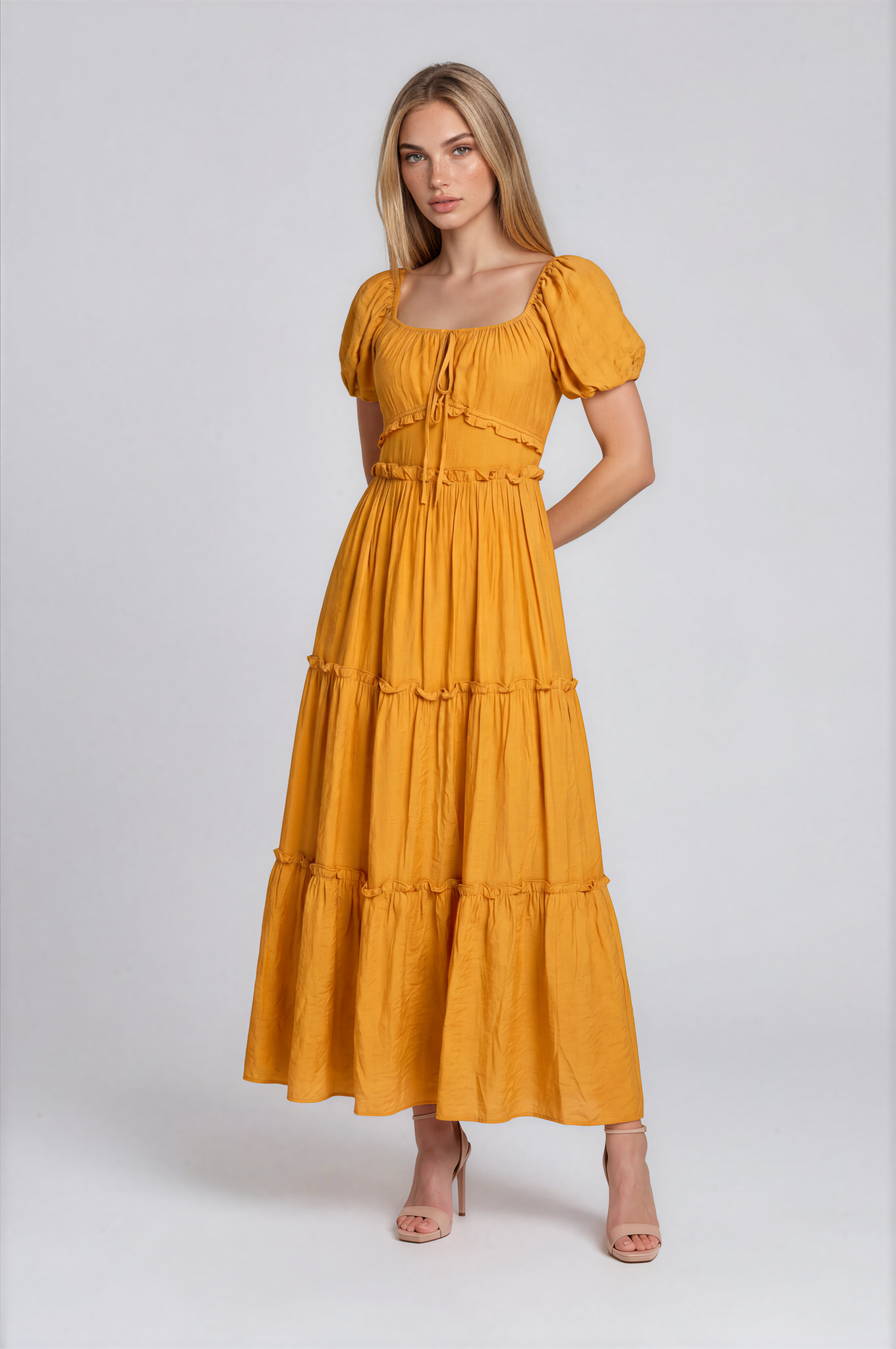 D5737S Puff Sleeve Tie-Front Cut-Out Tiered Maxi Dress
