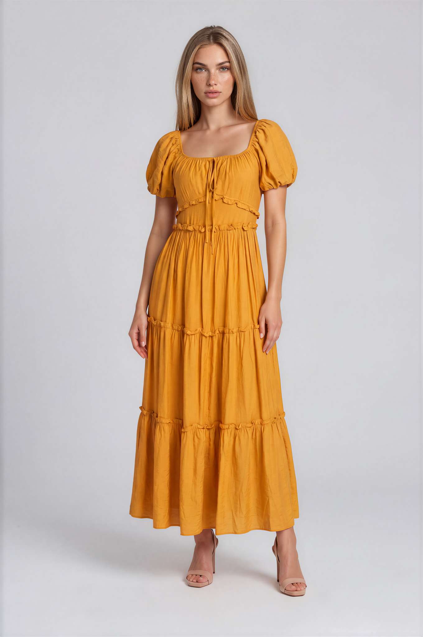 D5737S Puff Sleeve Tie-Front Cut-Out Tiered Maxi Dress