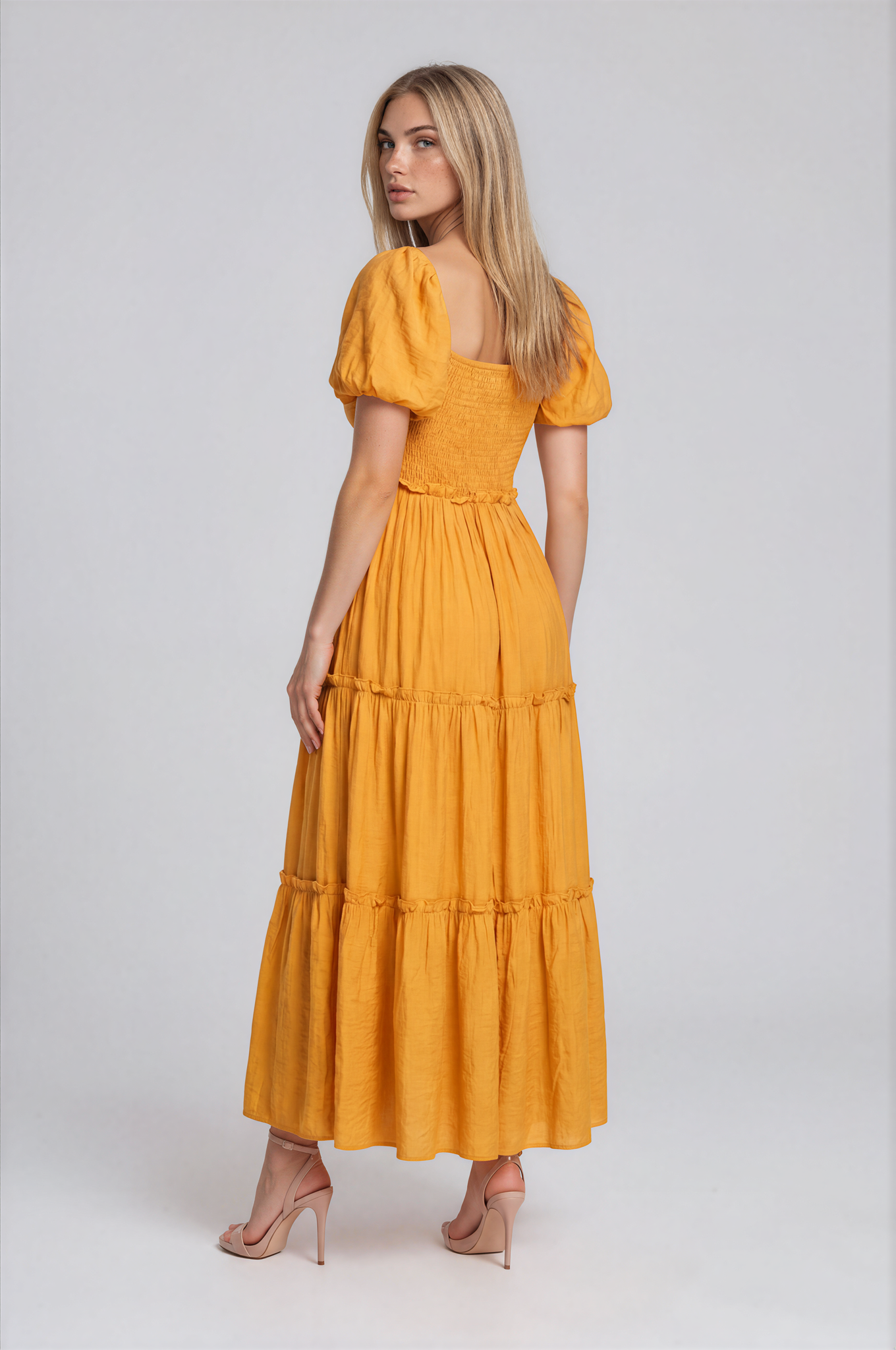 D5737S Puff Sleeve Tie-Front Cut-Out Tiered Maxi Dress