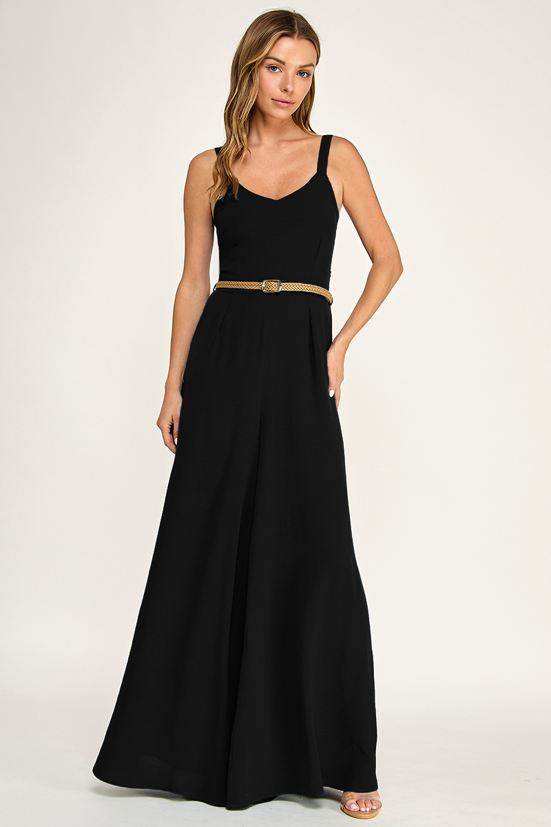 J5765 Solid V Neck Belted Jumpsuit