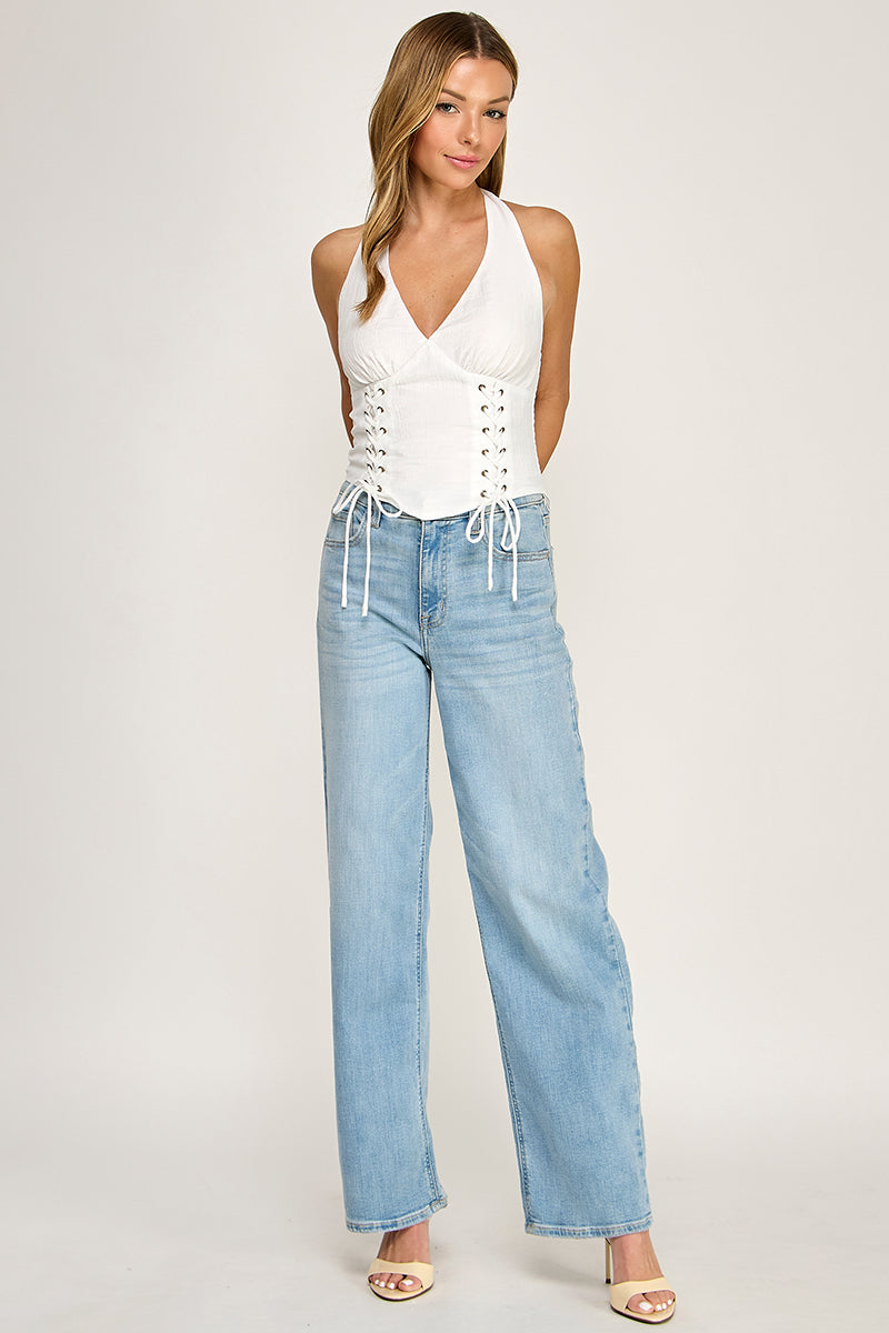 T5640-1 Solid Halter Lace Up Crop Top
