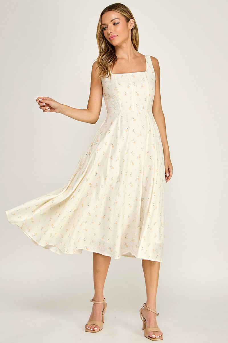D5421S-4 Floral Square Neck Midi Dress