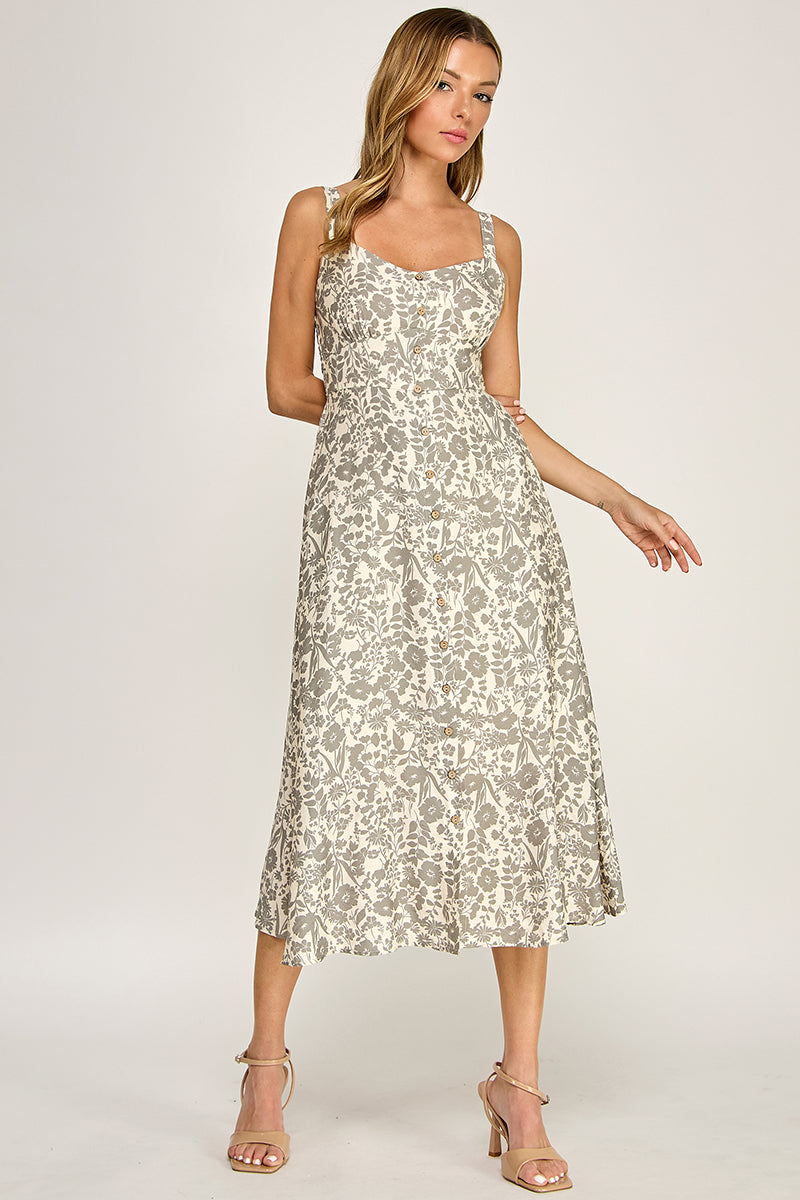D5696 Floral Button Detail V-neck Midi Dress