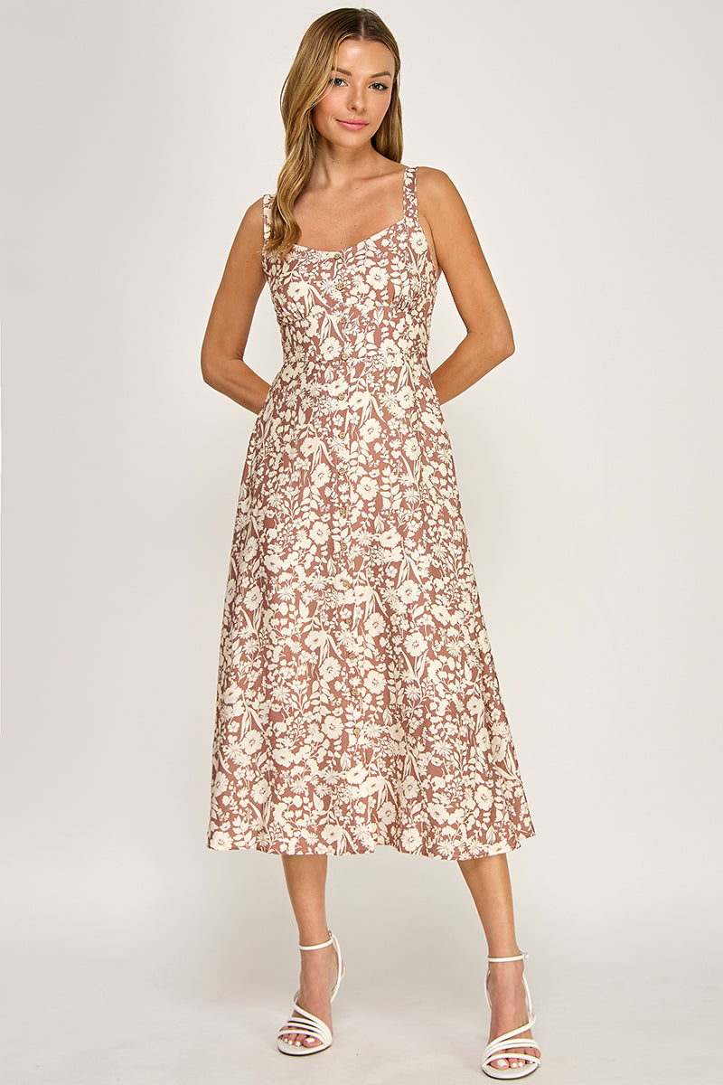 D5696 Floral Button Detail V-neck Midi Dress