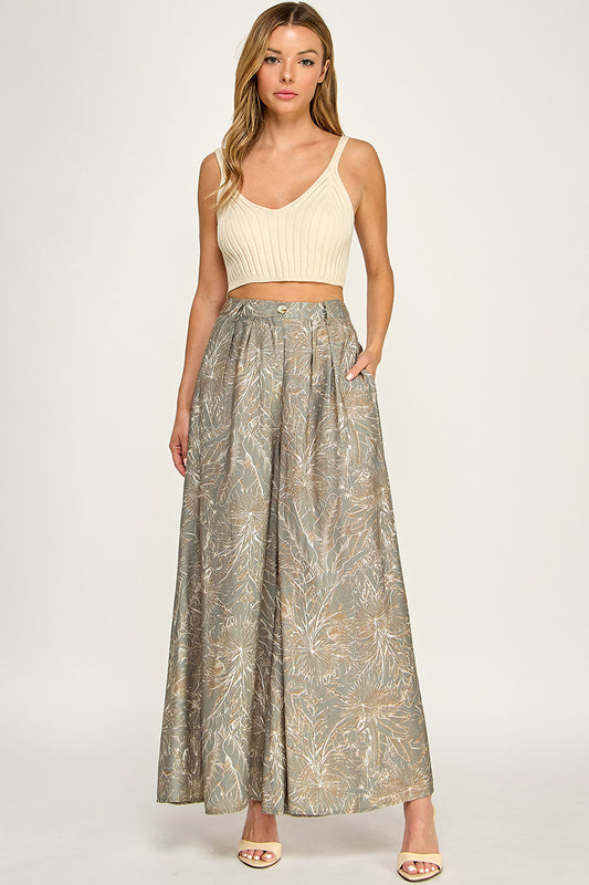 P5237-2 Leaf Print Wide Leg Pants